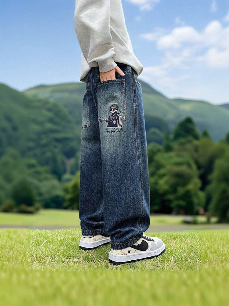 Loose Harem Jeans for Boys in Soft Denim with Embroidery