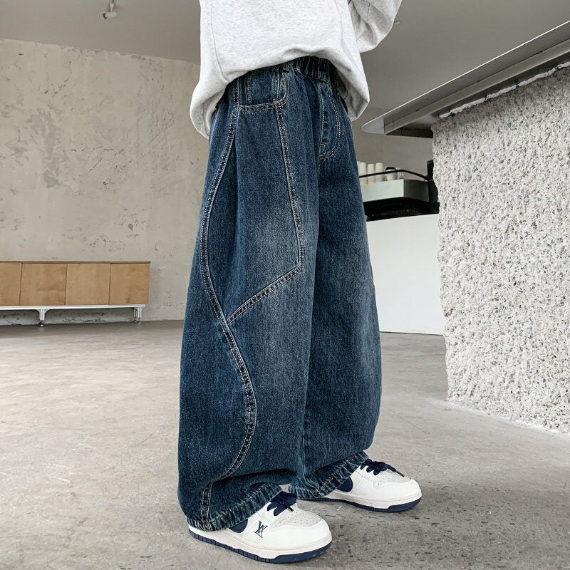 Curved Wide-Leg Jeans for Boys in Enzyme-Washed Denim