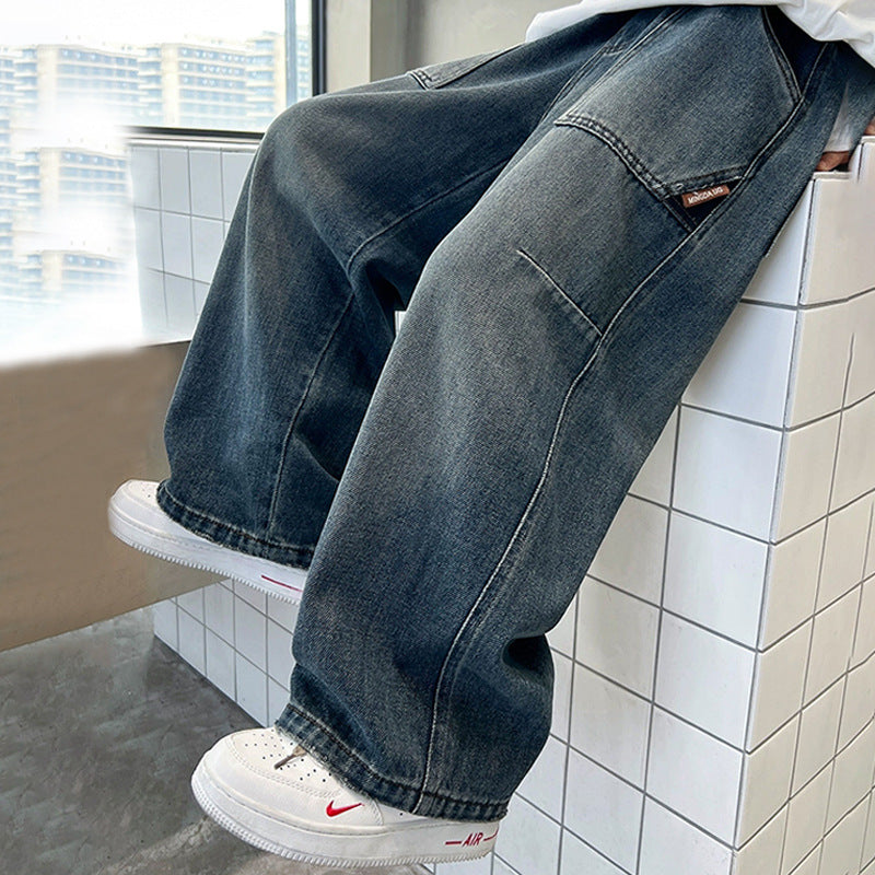 Thin Straight-Leg Jeans for Boys with Back Pocket Detail