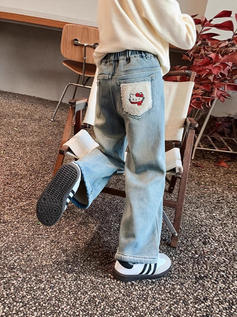 Fleece-Lined Straight Jeans for Girls in Warm Cotton
