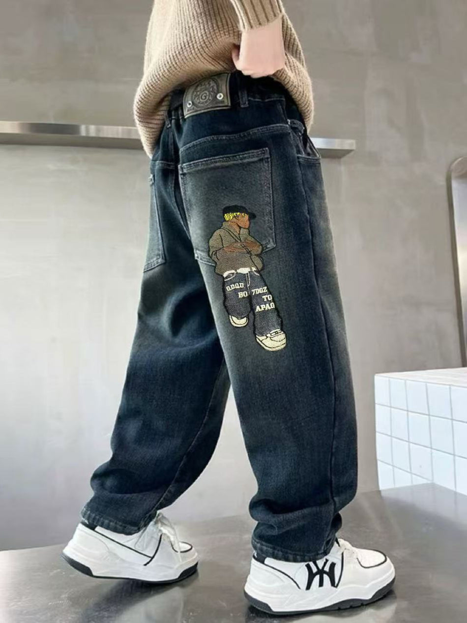 Super Soft Harem Jeans for Boys with Cartoon Embroidery