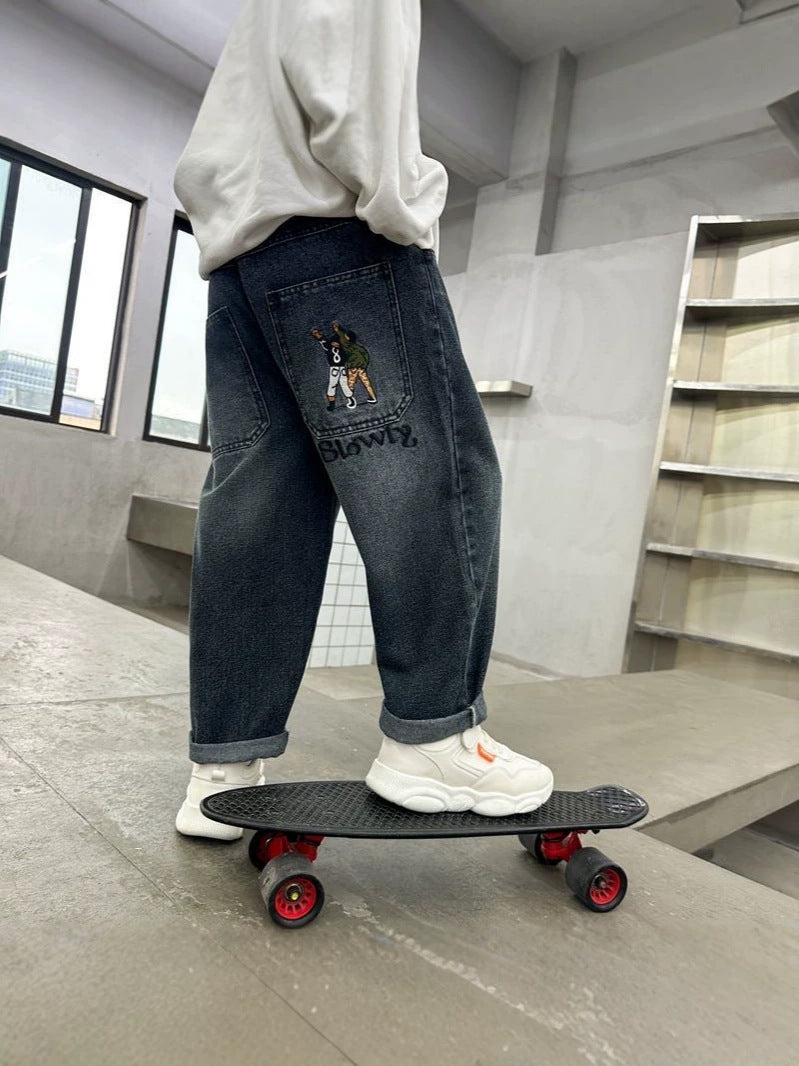 Loose Harem Jeans for Boys in Soft Denim with Embroidery