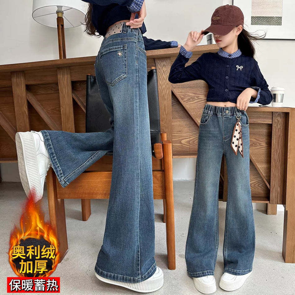 Thickened Micro-Flared Jeans for Girls in Fleece-Lined Denim