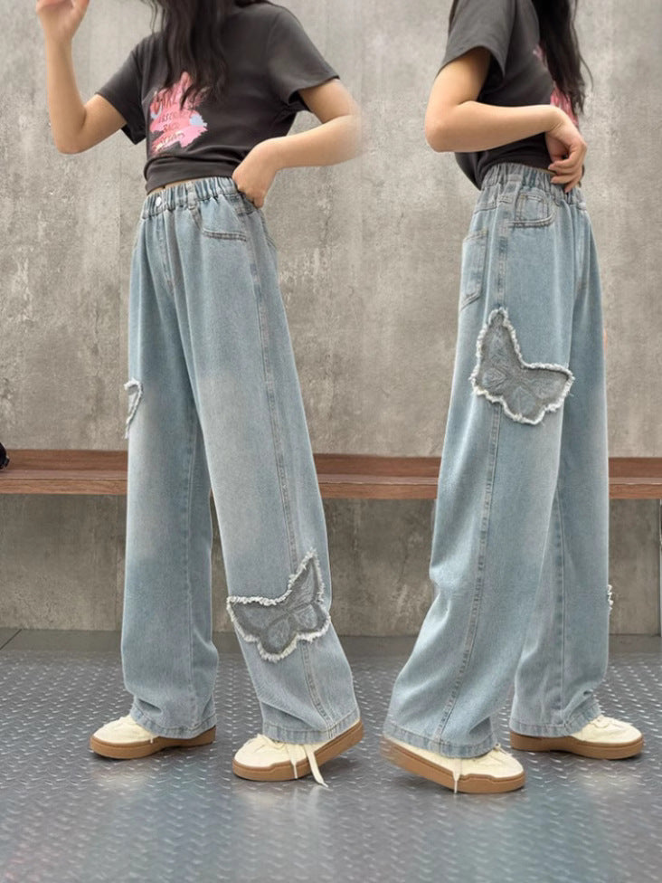 Wide-Leg Girls' Jeans with Bow-Tie Detail in Soft Denim