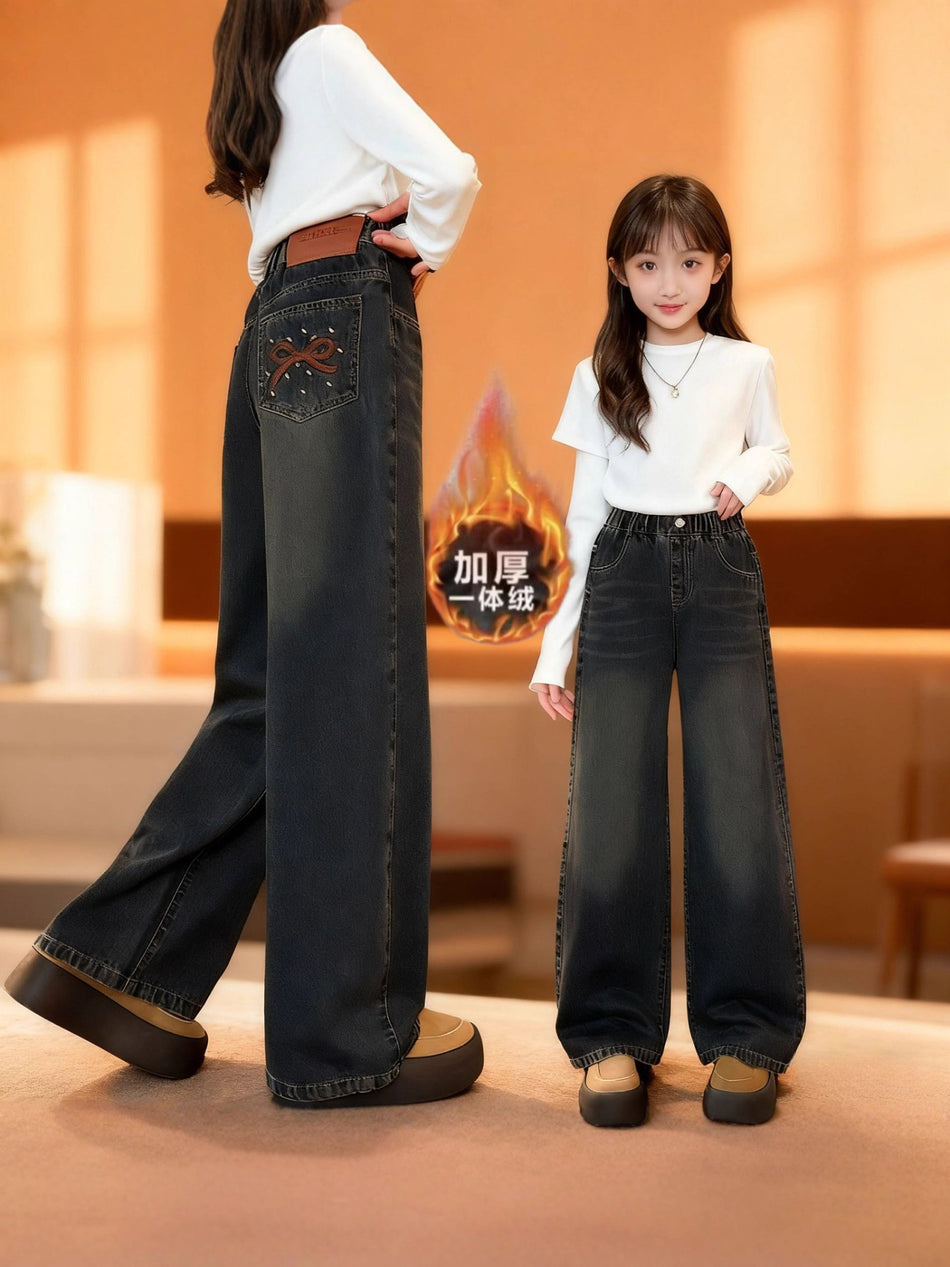 Fleece-Lined Wide-Leg Jeans for Girls with Bow Embroidery