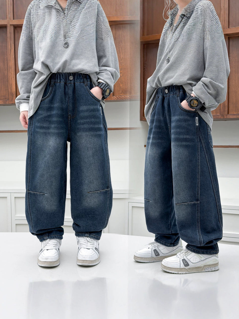 Fleece-Lined Harem Jeans for Boys with Cartoon Embroidery