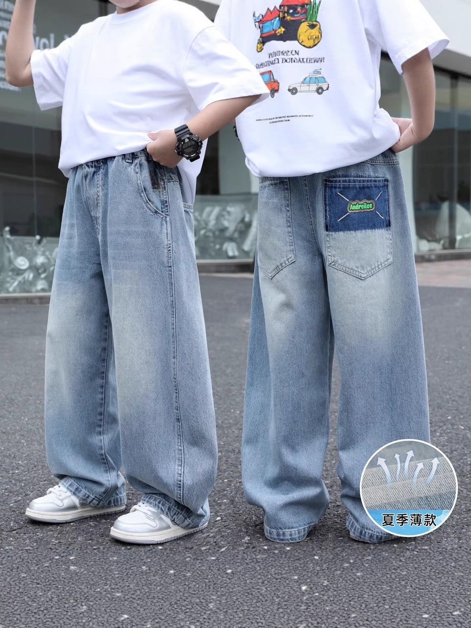 Ultra-Soft Tencel Bell-Bottoms for Boys with Cartoon Embroidery