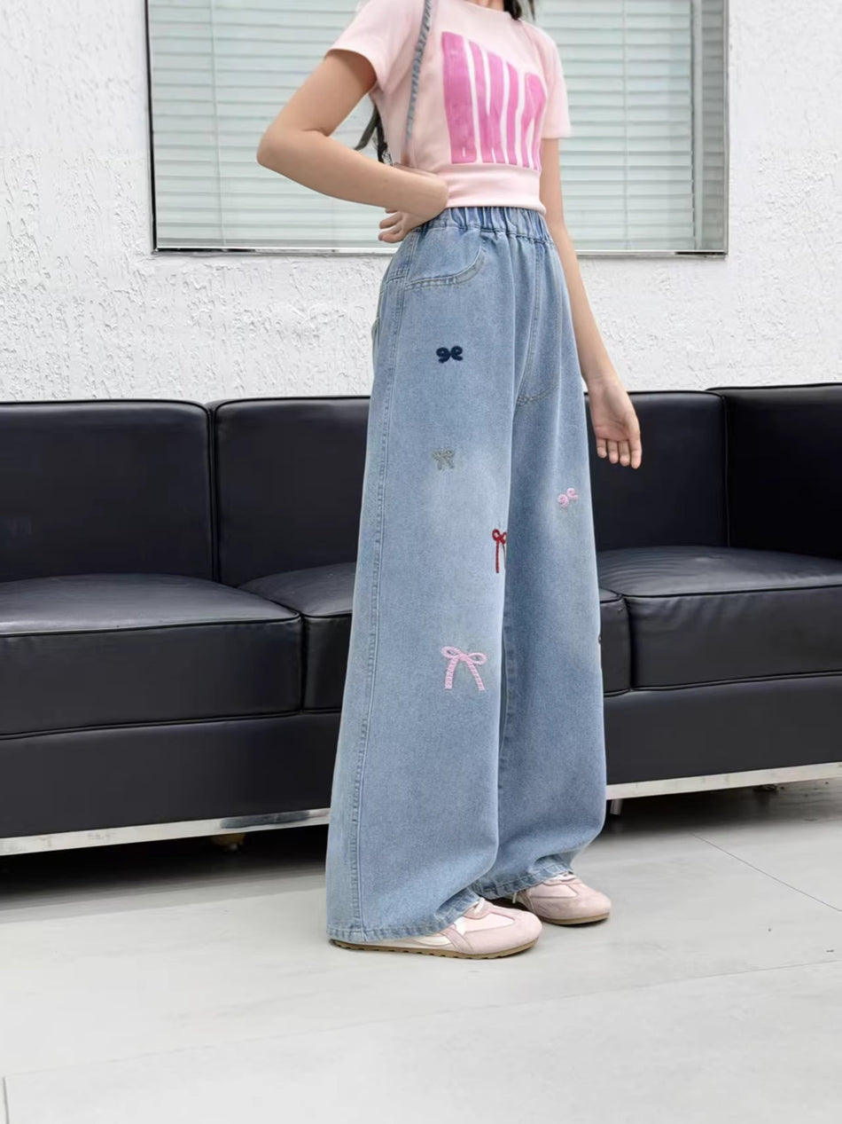 Floral Wide-Leg Jeans for Girls with Bow Detail