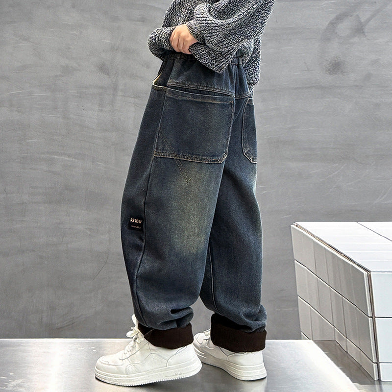 Fleece-Lined Warm Jeans for Boys with Letter Print