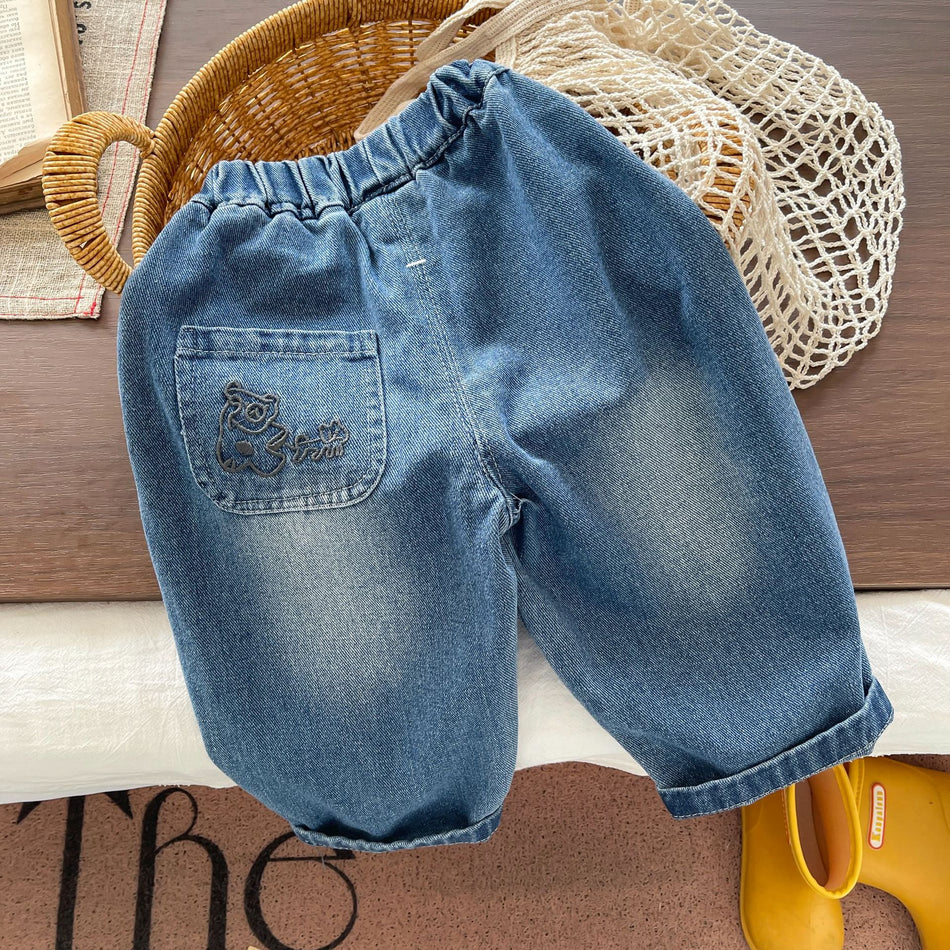 Loose Cotton Jeans for Baby Boys with Back Pocket Embroidery