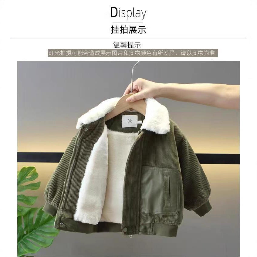 Boys' Thickened Corduroy Wool Crewneck Jacket