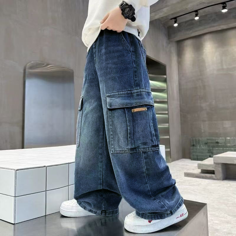 Wide-Leg Boys' Jeans with Iron Buckle Leather Label