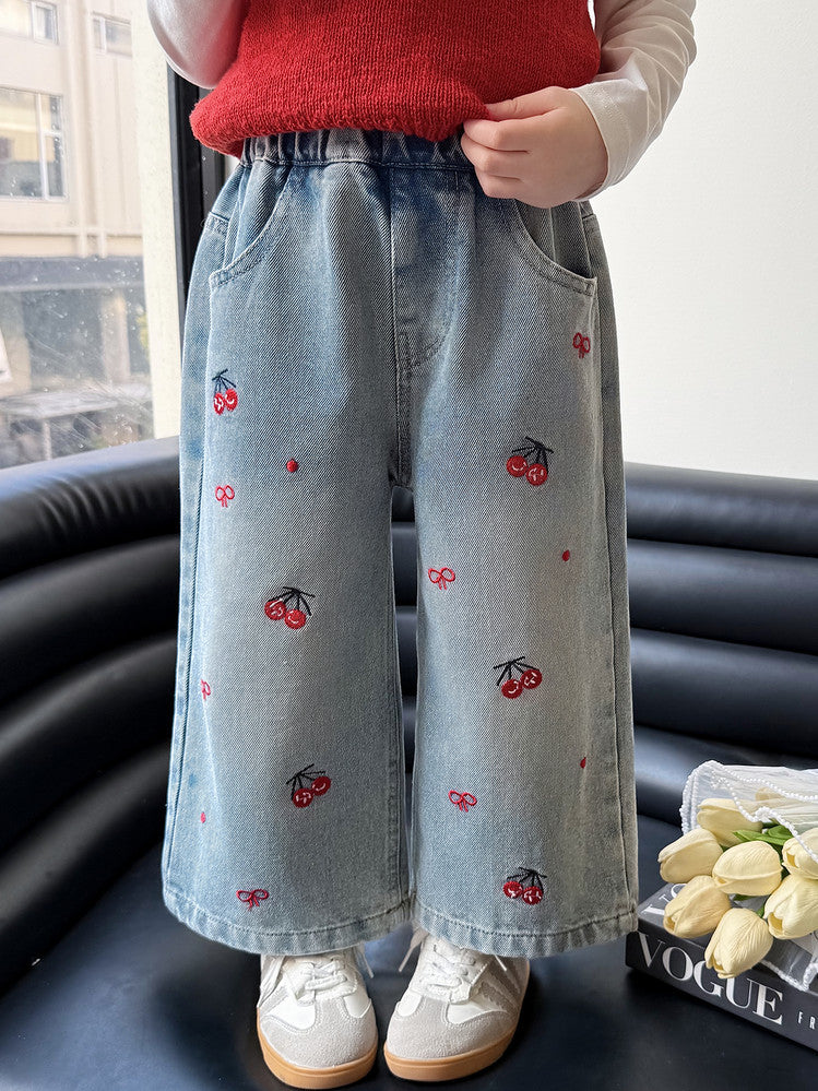 Cherry Embroidered Girls' Wide-Leg Jeans in Enzyme-Washed Denim