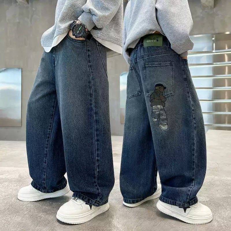 Cartoon Letter Print Jeans for Boys with Back Pocket Detail
