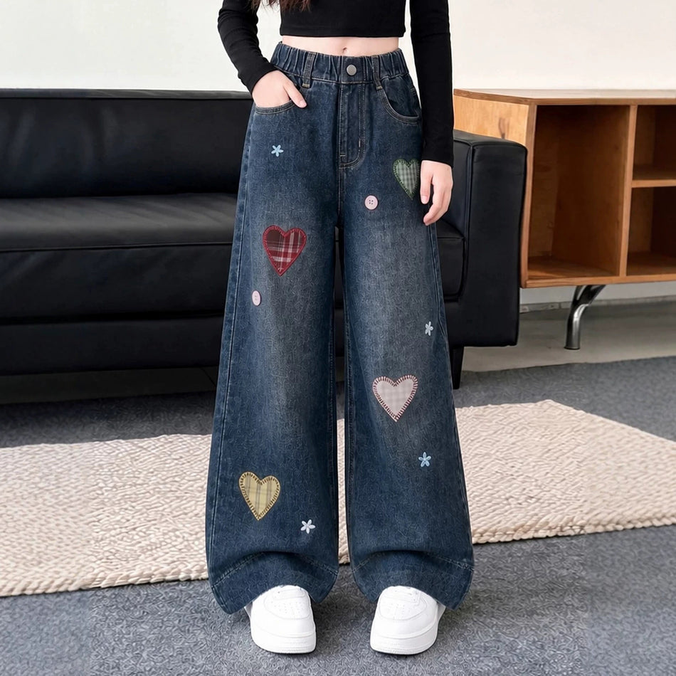 Plaid Heart Pattern Wide-Leg Jeans for Girls in Denim