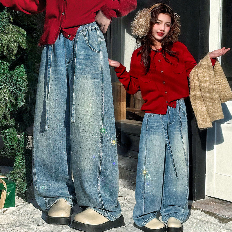 Rhinestone-Embellished Jeans for Girls in Washed Denim