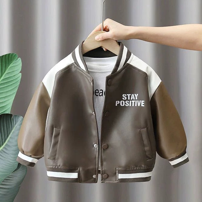 Boys' Soft Leather Crewneck Color-Block Jacket