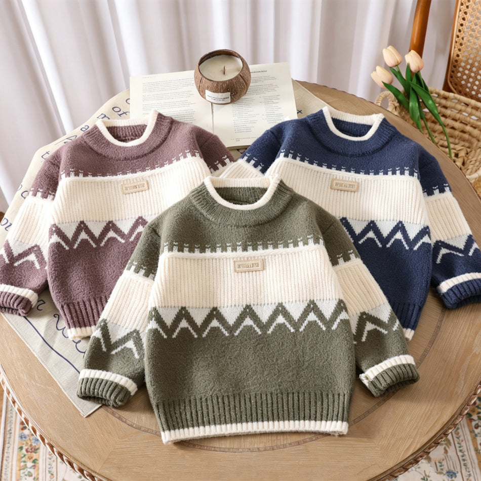 Boys' Soft Korean Velvet Striped Sweater
