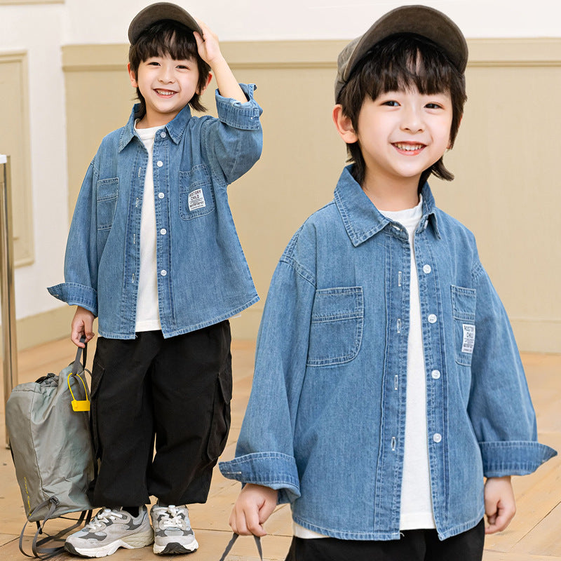 Solid Color Denim Shirt for Baby Boys with Lapel Collar