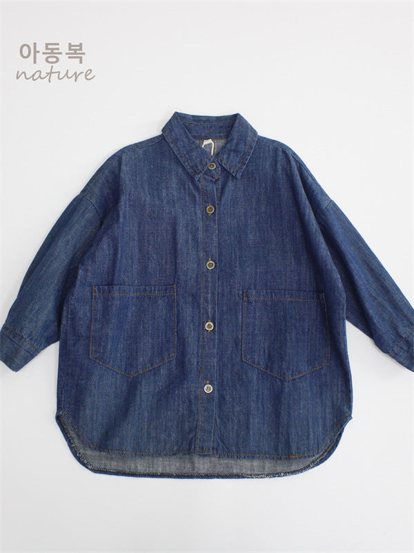 Loose Mid-Length Kids' Denim Shirt with Turn-Down Collar