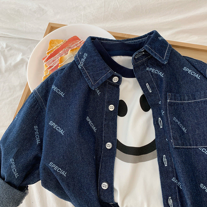 Letter Print Kids' Denim Shirt in Vintage Cardigan Style