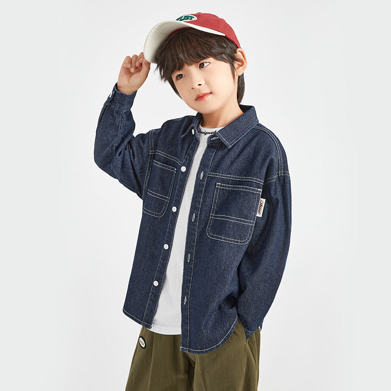 Solid Color Long-Sleeve Denim Shirt for Boys in Korean Style
