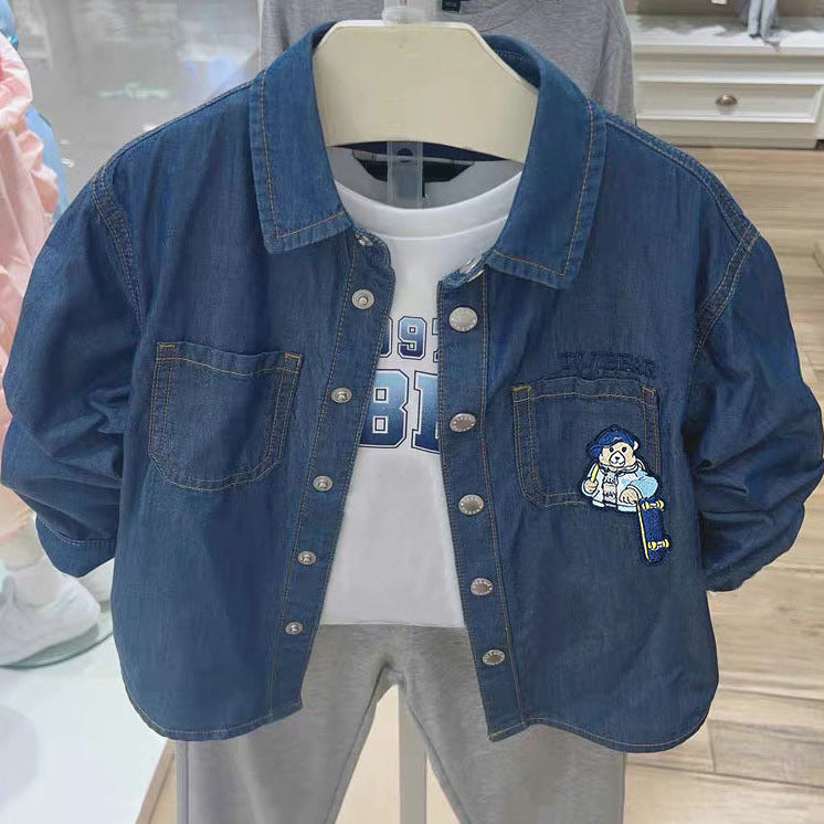 Thin Cartoon Print Denim Jacket for Boys in Soft Cotton