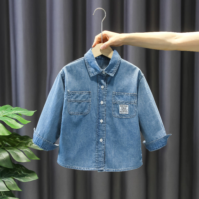 Solid Color Denim Shirt for Boys Lapel Collar