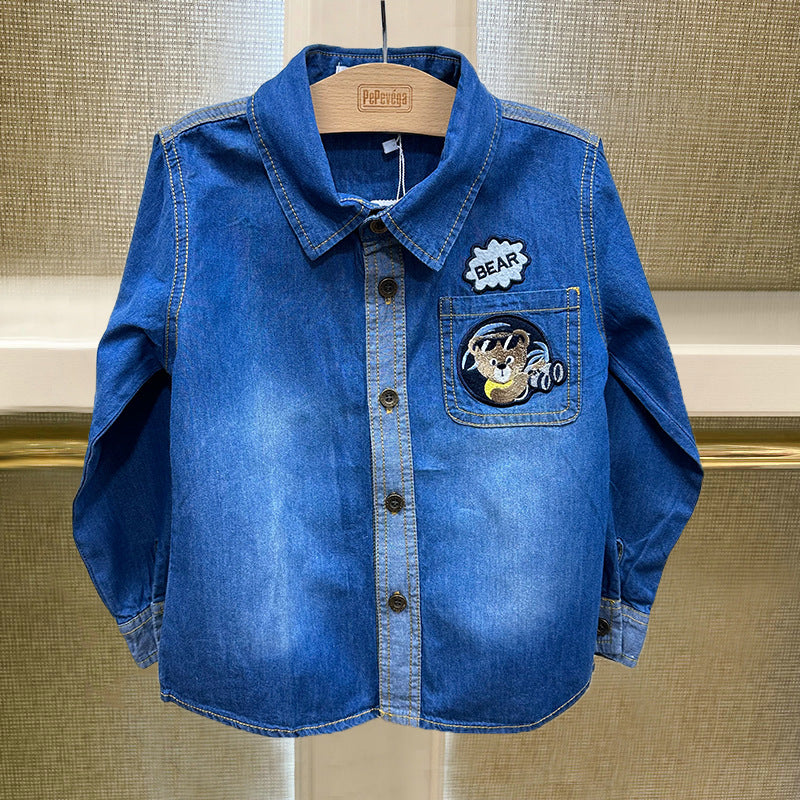 Cartoon Letter Print Denim Shirt for Older Boys