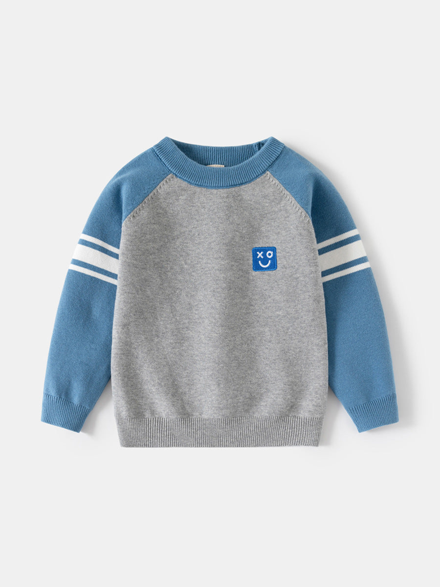 Boys' Cotton Crewneck Smiley Face Knit Pullover