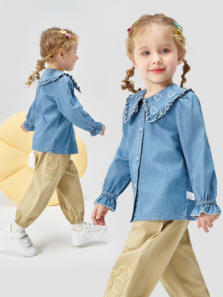 Round Neck Girls' Denim Shirt in Soft 100% Cotton