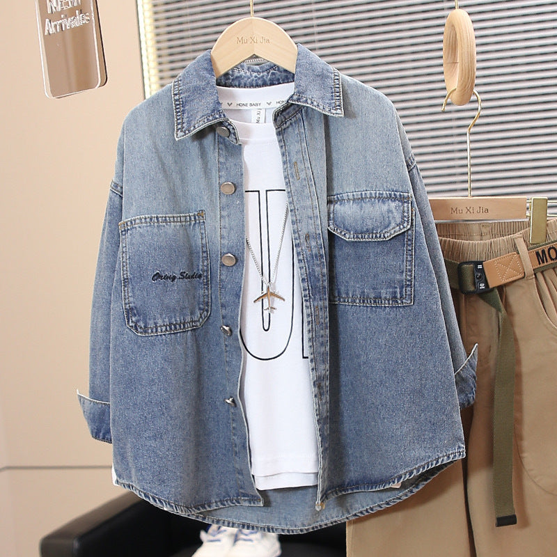 Vintage Denim Shirt for Boys with Embroidered Letter Detail