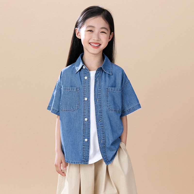 Enzyme-Washed Denim Shirt in Korean Trendy Style