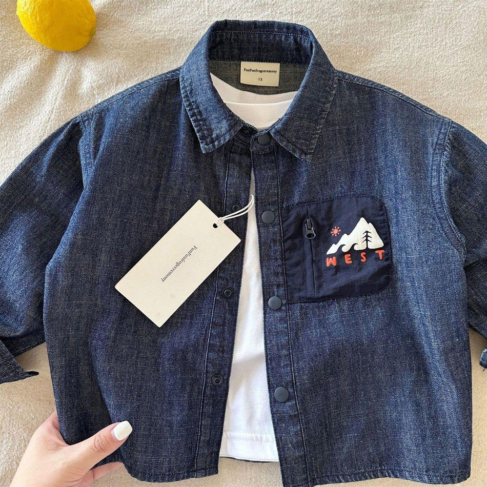 Letter Print Kids' Denim Shirt with Square Collar
