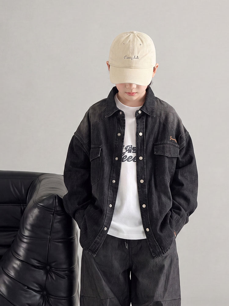 Retro Black Denim Shirt Jacket for Boys in Soft Cotton