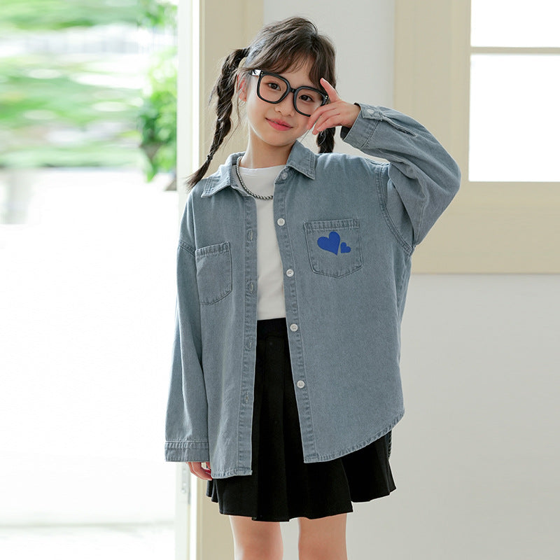 Oversized Cartoon Denim Cardigan for Girls in Thick Cotton