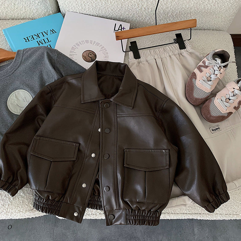Boys' Soft Leather Lapel Zipper Outerwear Jacket