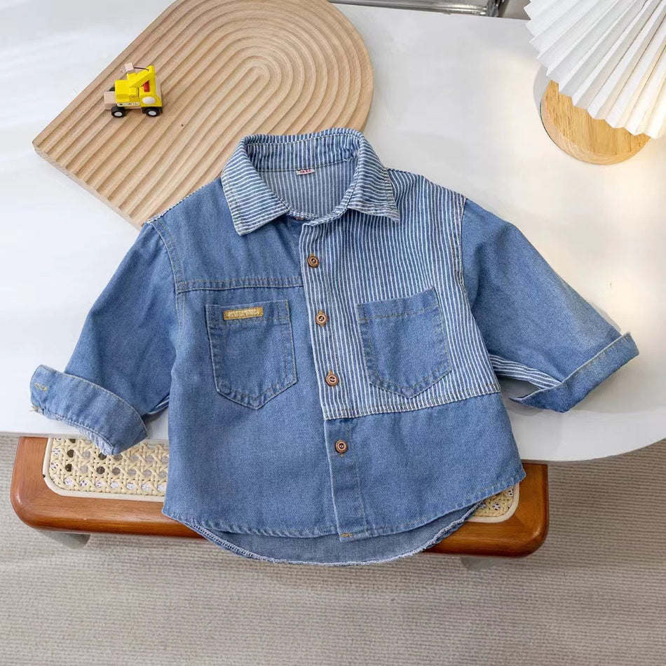 Color Block Denim Shirt for Boys in Striped Contrast