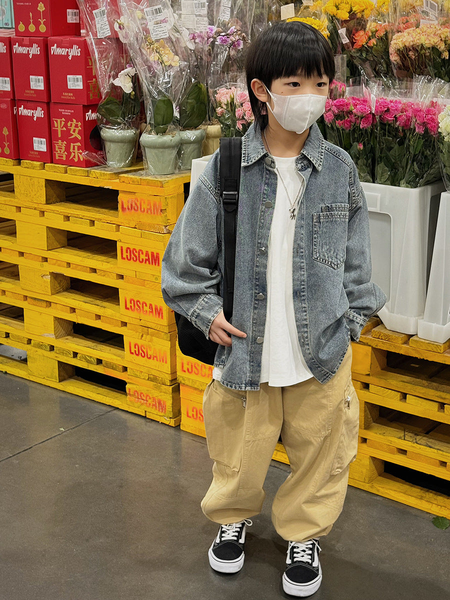 Round Neck Denim Shirt for Boys with Seven-Point Sleeves