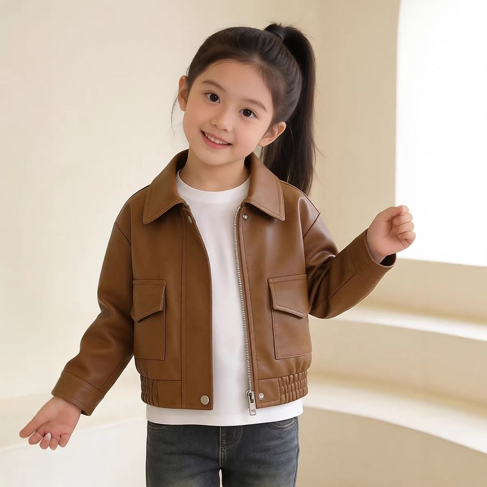 Unisex Soft Leather Lapel Zipper Outerwear Jacket