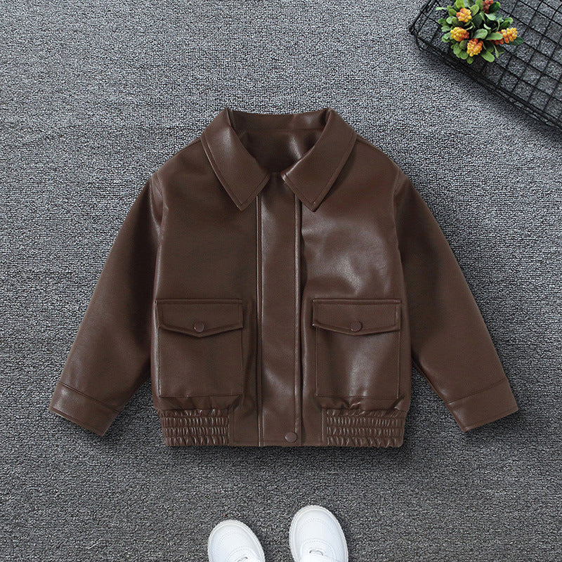 Boys' Soft Leather Lapel Zipper Jacket
