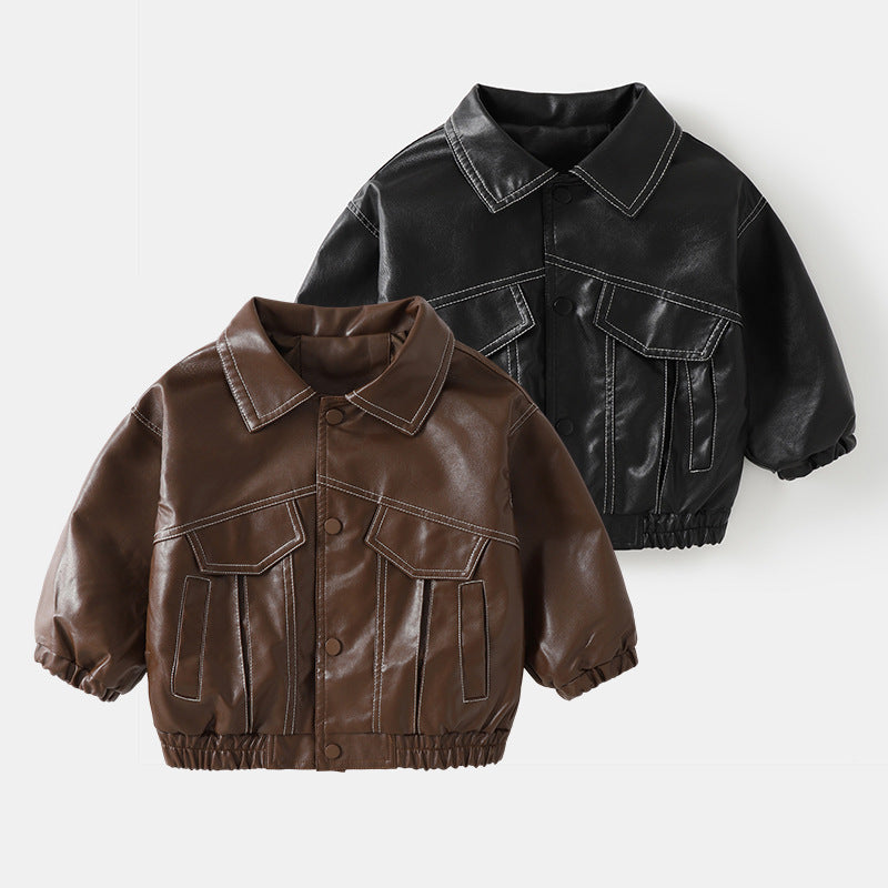 Boys' Soft Leather Lapel Retro Jacket