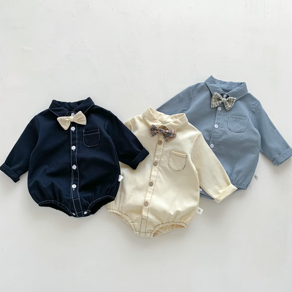 Boys' Cotton Lapel Bow Tie Gentleman Jumpsuit