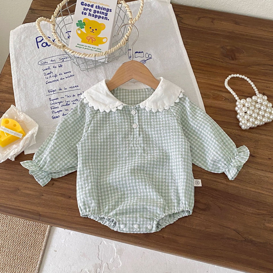 Baby Girls' Cotton Doll Collar Plaid Jumpsuit