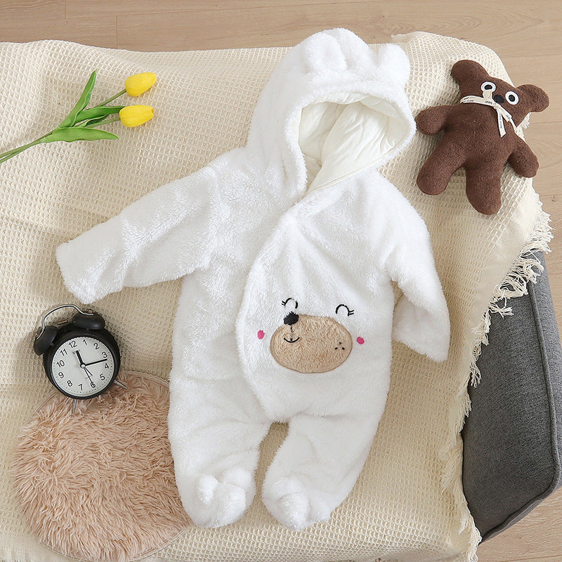 Unisex Thickened Bear Hooded Velvet Baby Jumpsuit