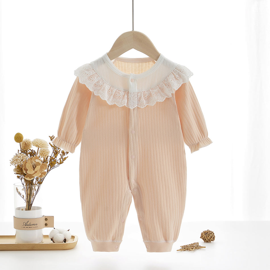 Unisex Cotton Boneless Lace-Trimmed Baby Jumpsuit