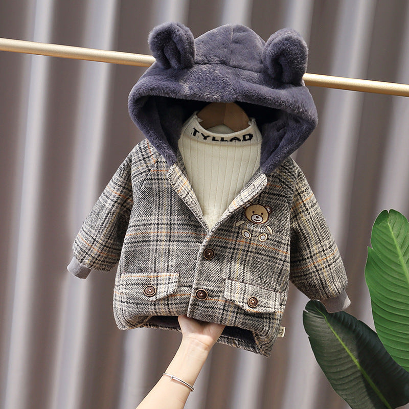 Unisex Thickened Fleece-Lined Hooded Woolen Coat