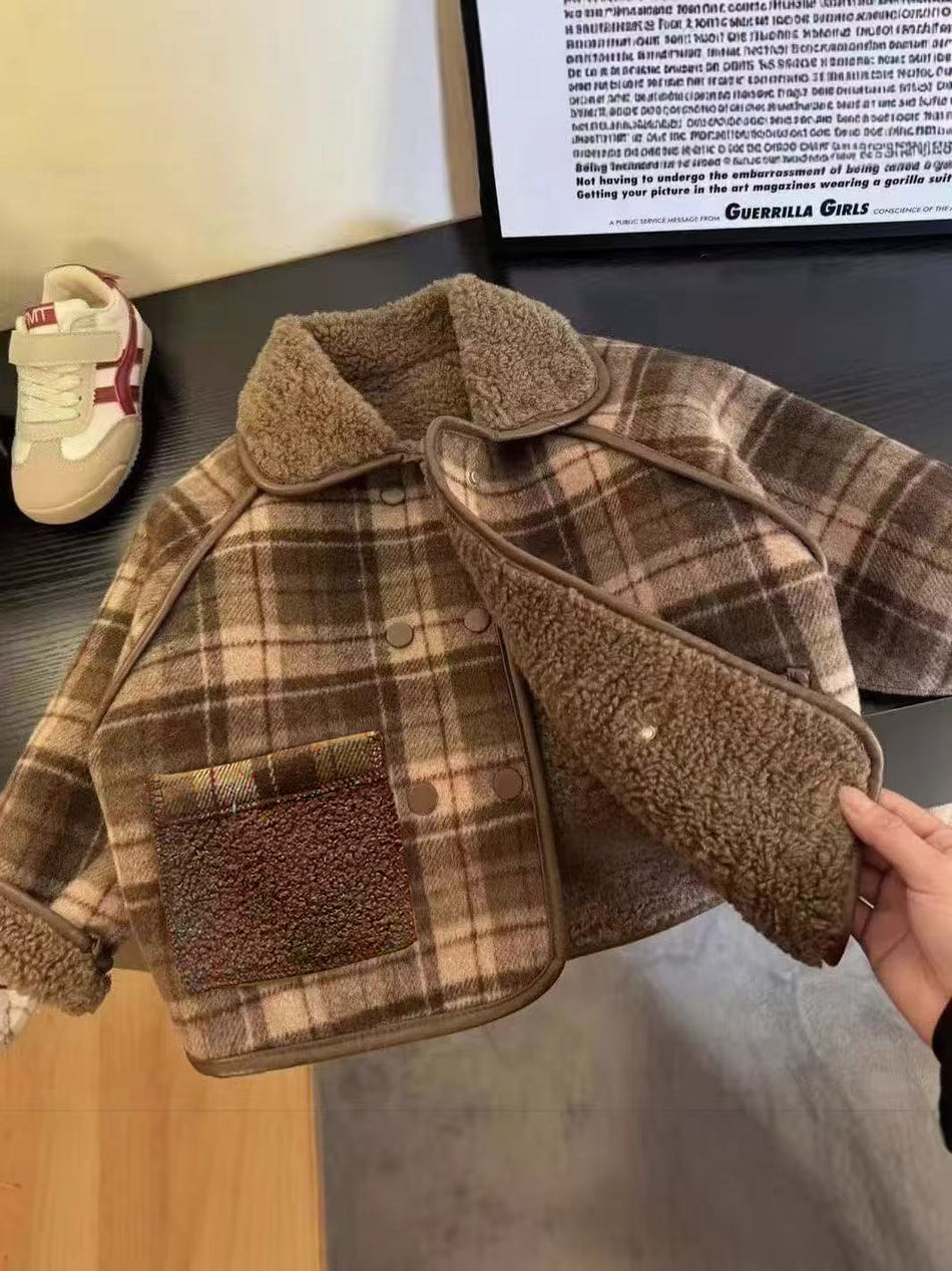 Unisex Thickened Plaid Lapel Wool-Blend Coat
