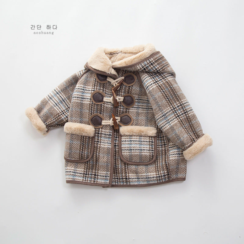 Unisex Thickened Plaid Hooded Woolen Coat
