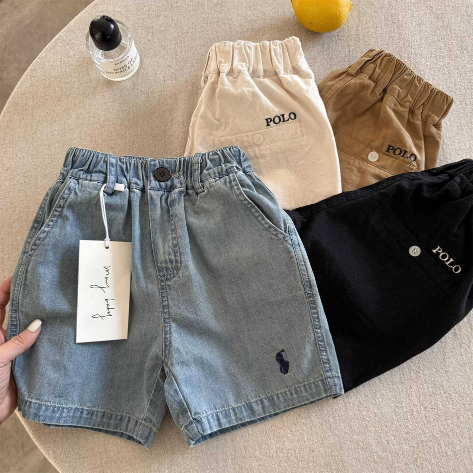 Boys Cotton Denim Shorts with Embroidery and Elastic Waistband